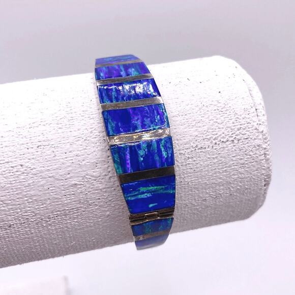 Taxco Mexico Sterling Silver Bracelet With Inlaid Fire Blue Opal Panels 7” - Picture 7 of 9